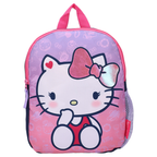 Frontansicht eines pink‑lila Kinder‑Rucksacks mit sitzender Hello Kitty, pinker Schleife, Herzsymbol, feinen Mustern, pinkem Reißverschluss, Griff und Mesh‑Seitentasche.