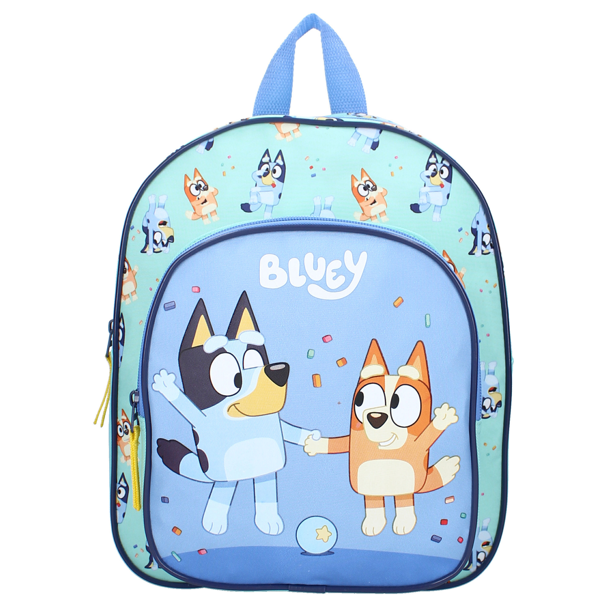 Frontansicht eines hellblauen Bluey‑Rucksacks mit Bluey und Bingo auf der Vordertasche, Konfetti‑Design und blauem Griff.