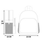Front‑ und Seitenansicht einer technischen Rucksackzeichnung mit Maßen 29×23×10 cm, Reißverschluss, Seitentaschen und Tragegriff.