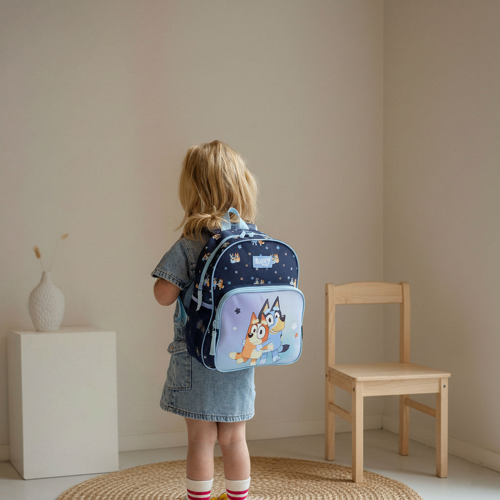 Rückansicht eines Kindes mit blauem Bluey‑Rucksack in hellem Raum. Der Rucksack zeigt Bluey und Bingo, helle Akzente, kindgerechtes Design.