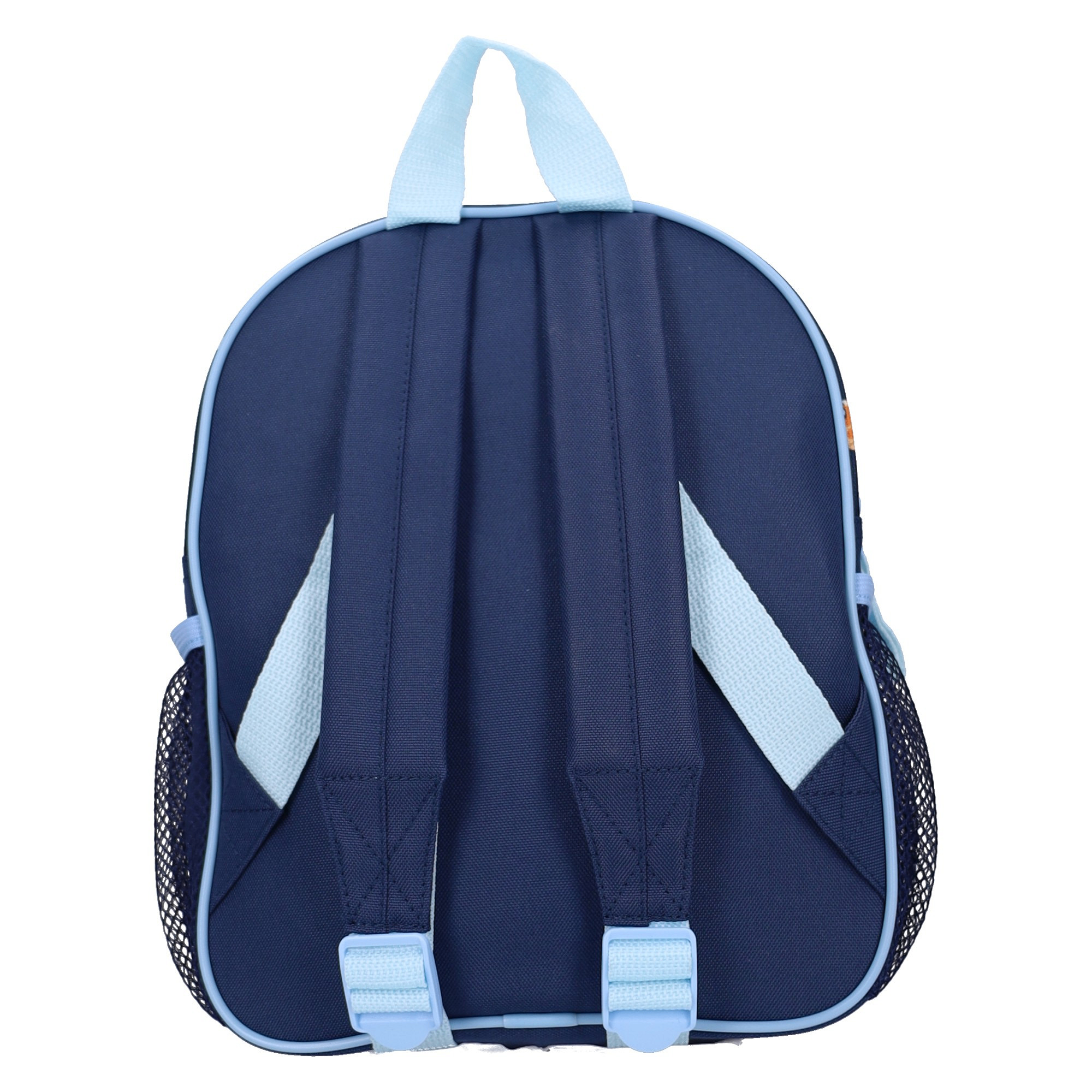 Rückansicht eines dunkelblauen Kinder‑Rucksacks mit hellblauen Trägern, Griff und Mesh‑Seitentaschen. Schlichtes, funktionales Design