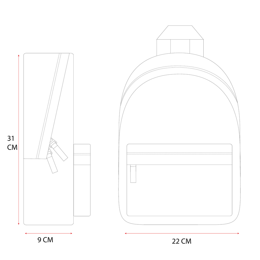 Front‑ und Seitenansicht einer technischen Rucksackzeichnung mit Maßen 31×22×9 cm, Hauptfach, Frontfach, Zippern und Tragegriff.