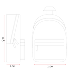 Front‑ und Seitenansicht einer technischen Rucksackzeichnung mit Maßen 31×22×9 cm, Hauptfach, Frontfach, Zippern und Tragegriff.