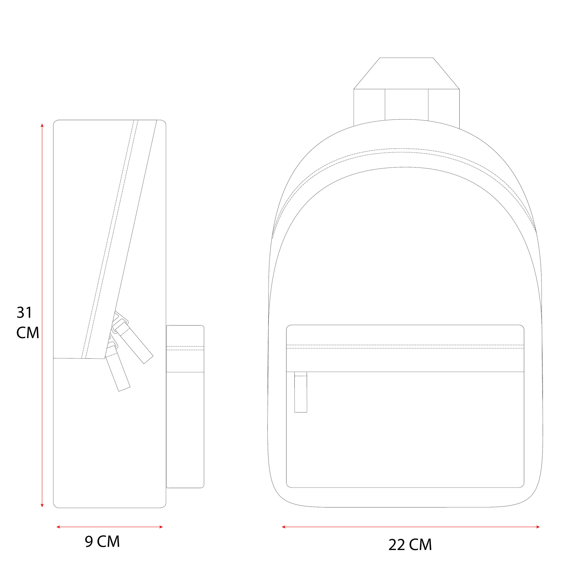 Front‑ und Seitenansicht einer technischen Rucksackzeichnung mit Maßen 31×22×9 cm, Hauptfach, Frontfach, Zippern und Tragegriff.