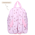 Rückansicht eines rosa Rucksacks mit Schleifenmuster, gepolstertem Rücken, verstellbaren Trägern und pinkem Griff.
