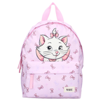 Frontansicht eines rosa Marie‑Rucksacks mit großem Katzenmotiv, Schleifenmuster, Frontfach und pinken Zippern.