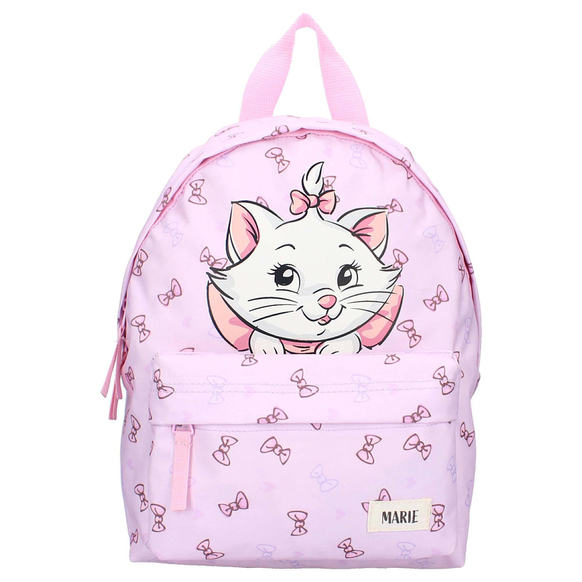 Frontansicht eines rosa Marie‑Rucksacks mit großem Katzenmotiv, Schleifenmuster, Frontfach und pinken Zippern.