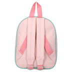 Rückansicht eines rosa Rucksacks mit mintgrüner Kante, zwei verstellbaren pinken Trägern und pinkem Griff. Schlichte, saubere Verarbeitung.