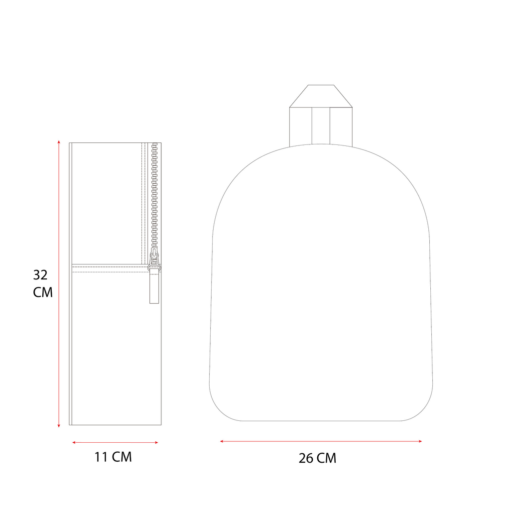 Front‑ und Seitenansicht einer technischen Rucksackzeichnung mit Maßen 32×26×11 cm, Zipperdetails und klarer Form.