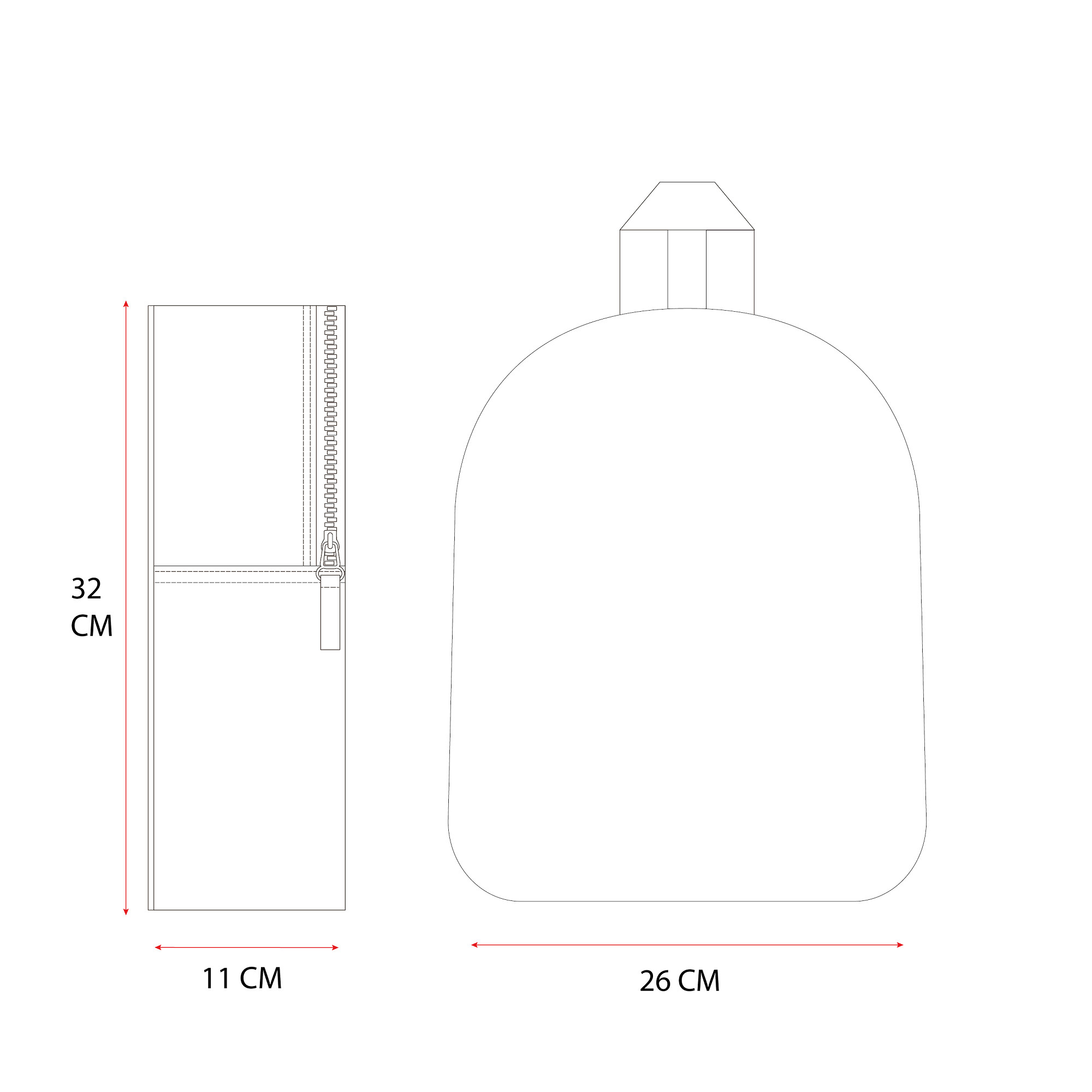 Front‑ und Seitenansicht einer technischen Rucksackzeichnung mit Maßen 32×26×11 cm, Zipperdetails und klarer Form.