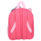 Rückansicht eines rosa Rucksacks mit verstellbaren Trägern, Tragegriff und seitlicher Mesh‑Tasche.