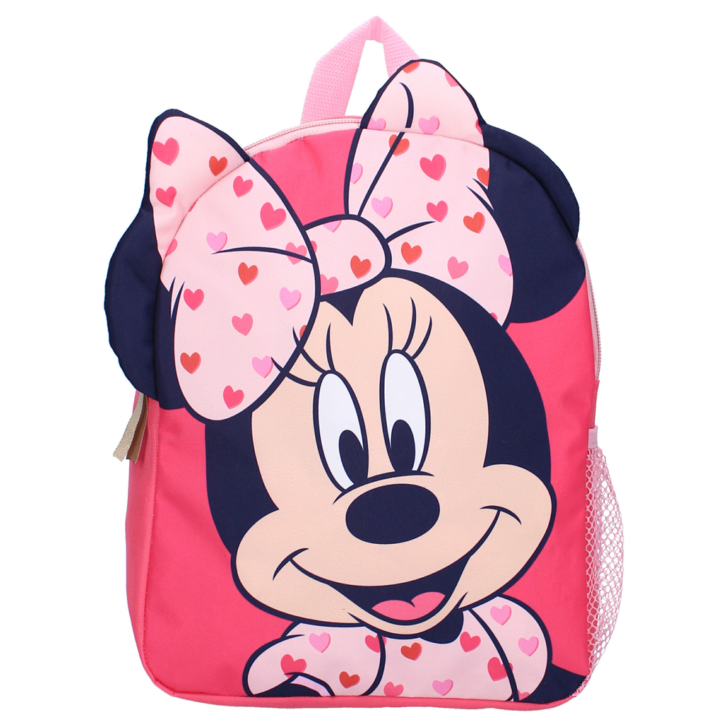 Frontansicht eines pinken Minnie‑Rucksacks mit großem Minnie‑Gesicht, Herzschleife, dunklen Ohren und Mesh‑Tasche.