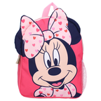 Frontansicht eines pinken Minnie‑Rucksacks mit großem Minnie‑Gesicht, Herzschleife, dunklen Ohren und Mesh‑Tasche.