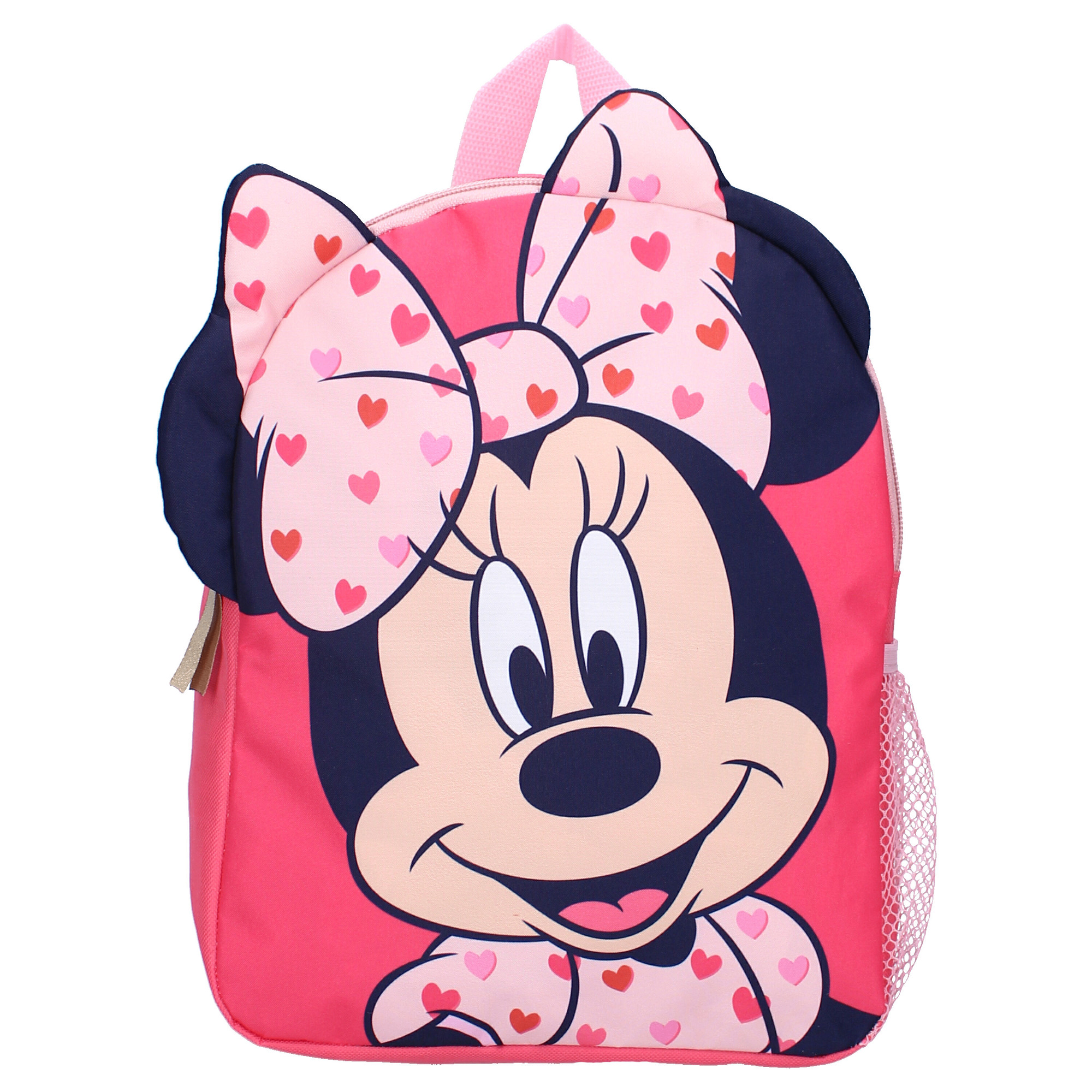 Frontansicht eines pinken Minnie‑Rucksacks mit großem Minnie‑Gesicht, Herzschleife, dunklen Ohren und Mesh‑Tasche.
