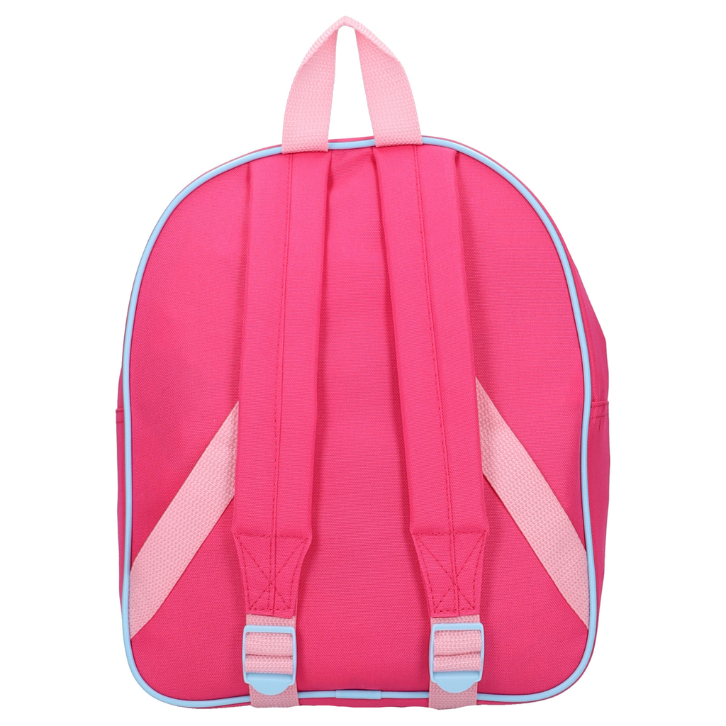 Rückseite des pinken Minnie Mouse Rucksacks mit verstellbaren, gepolsterten Schultergurten, hellblauen Kunststoffschnallen und einer hellrosa Trageschlaufe oben.