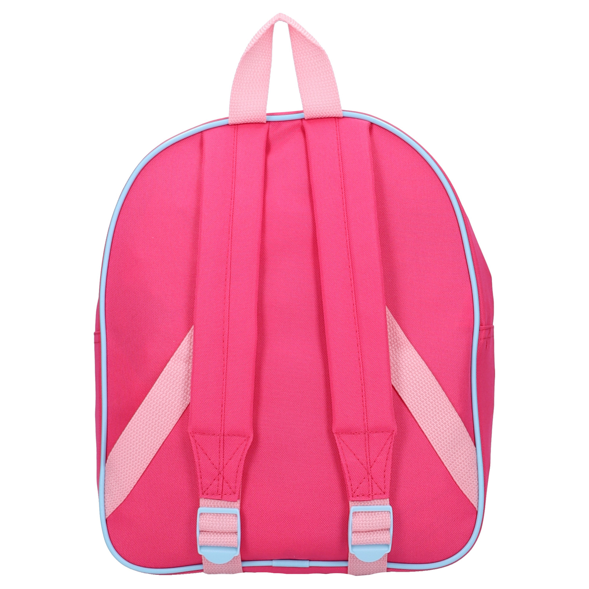 Rückseite des pinken Minnie Mouse Rucksacks mit verstellbaren, gepolsterten Schultergurten, hellblauen Kunststoffschnallen und einer hellrosa Trageschlaufe oben.