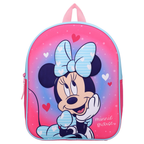 Rosa-pinker Disney Minnie Mouse Kinderrucksack mit plastischem 3D-Motiv von Minnie Maus, die eine blau-weiß gestreifte Schleife mit Herzen trägt, umgeben von kleinen Herzen, Sternen und dem Schriftzug "minnie mouse".