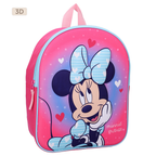 Schräge Ansicht des rosa-pinken Minnie Mouse Kinderrucksacks verdeutlicht den dreidimensionalen 3D-Effekt des Minnie Maus Motivs auf der Vorderseite sowie die hellblauen Paspeln an den Rändern.
