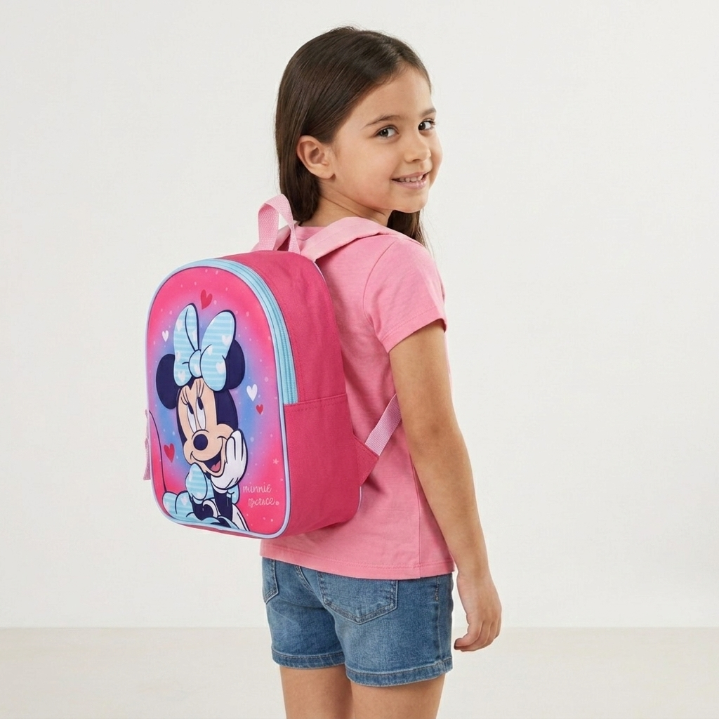 Disney Minnie Mouse verstellbarer Rucksack für Kinder Simply Special auf dem Rücken eines Mädchens.