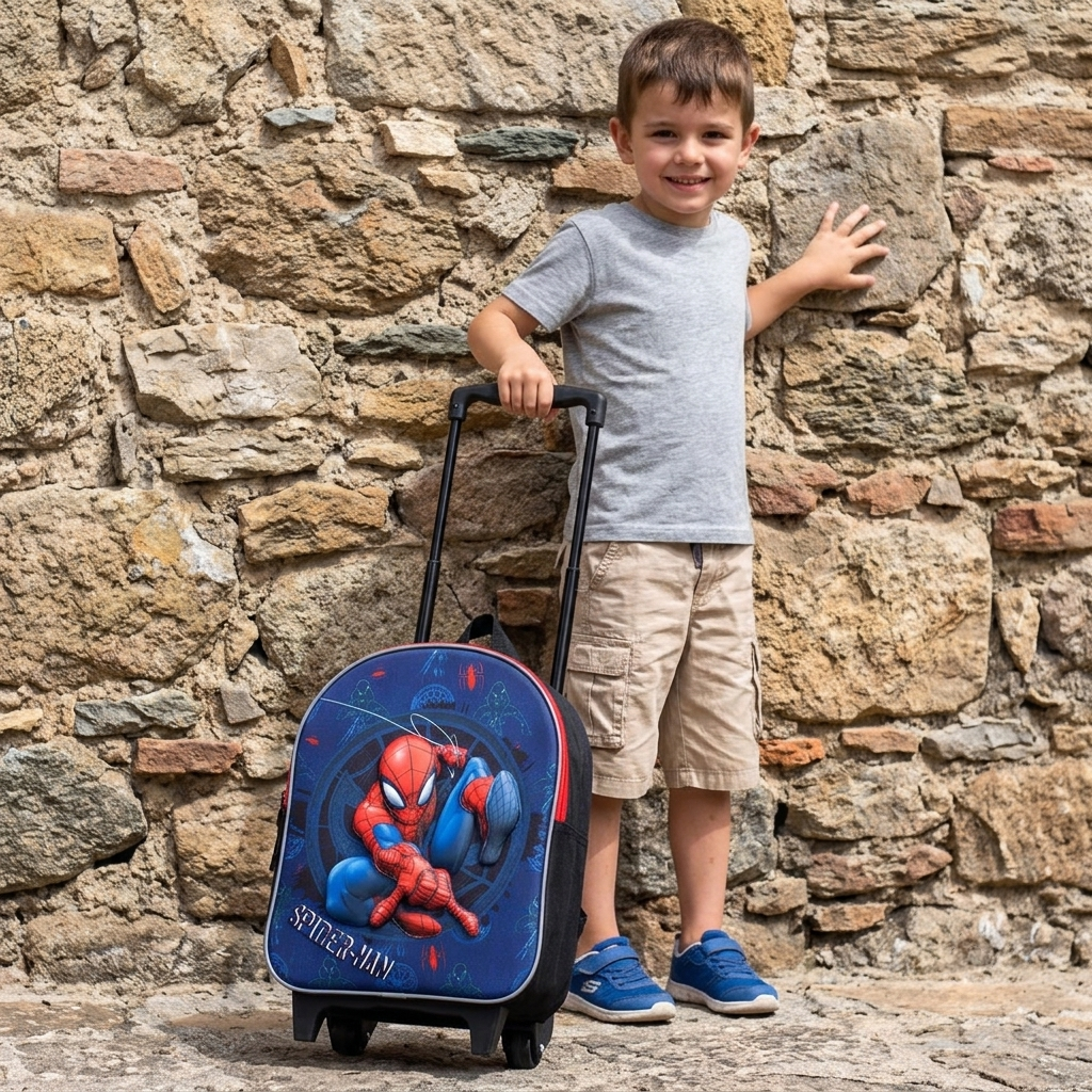 Marvel Spider-Man 3D Trolley Koffer Rucksack für Kinder Great Escapes in der Hand eines Jungen, vor einer Steinwand