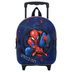Blauer Marvel Spider-Man Kindergepäck-Trolley mit plastischem 3D-Motiv von Spiderman in dynamischer Actionpose, umgeben von einem dunklen Spinnennetz-Hintergrund, Spinnen-Grafiken und dem "SPIDER-MAN"-Schriftzug.