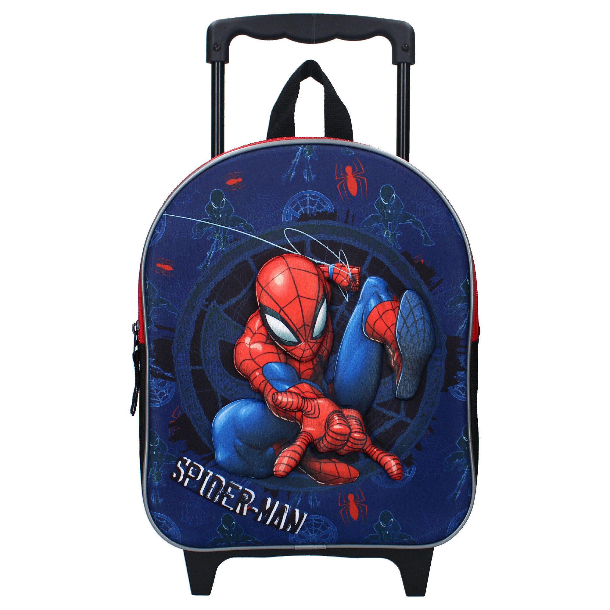 Blauer Marvel Spider-Man Kindergepäck-Trolley mit plastischem 3D-Motiv von Spiderman in dynamischer Actionpose, umgeben von einem dunklen Spinnennetz-Hintergrund, Spinnen-Grafiken und dem "SPIDER-MAN"-Schriftzug.