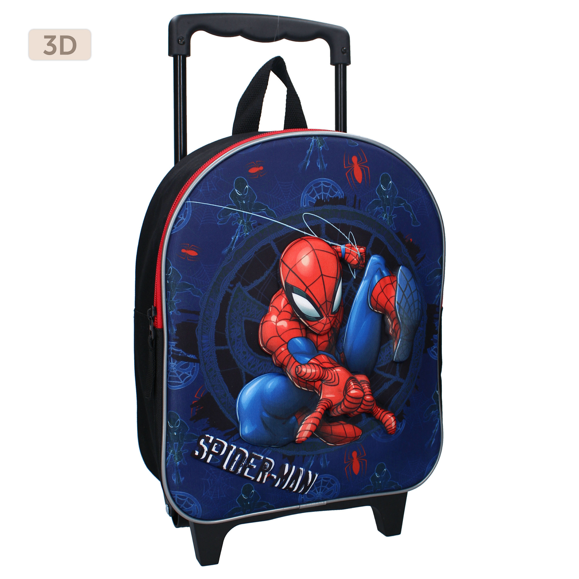 Schräge Ansicht des blauen Spider-Man Kinder-Trolleys zeigt das hervorstehende dreidimensionale 3D-Design der Hauptfigur, den schwarzen Reißverschluss und das schwarze Gehäuse mit ausziehbarem Teleskopgriff.