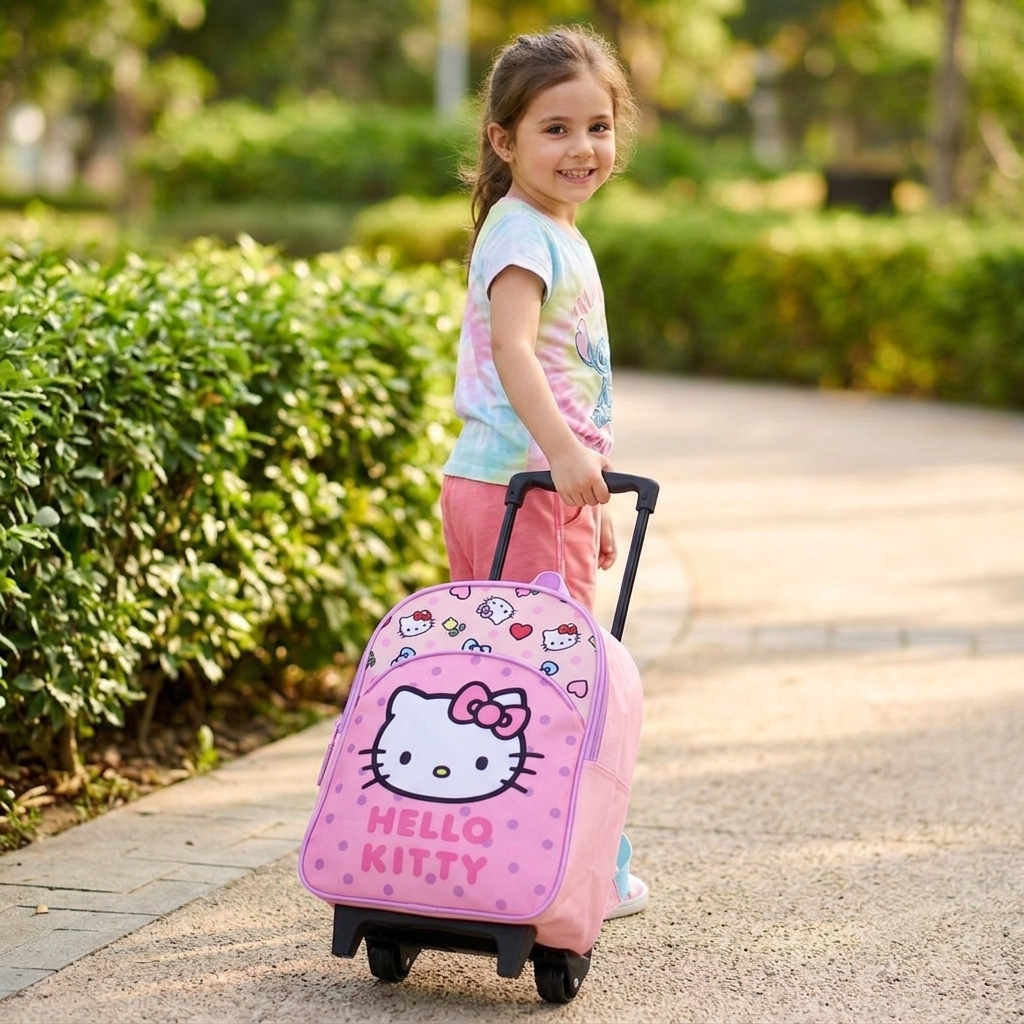 Hello Kitty Trolley Koffer Rucksack für Kinder Sweet Charm 33x25x11cm wird von einem Mädchen gezogen.