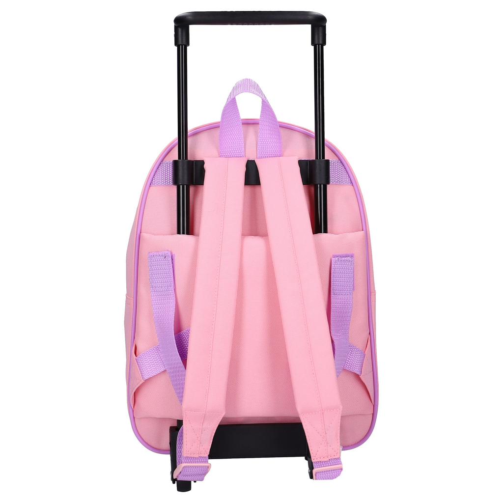 Rückseite des rosa Hello Kitty Kinder-Rucksacks mit montiertem Trolley-Gestell, ausziehbarem schwarzen Teleskopgriff, zwei gepolsterten rosa Schultergurten und lila Riemen.