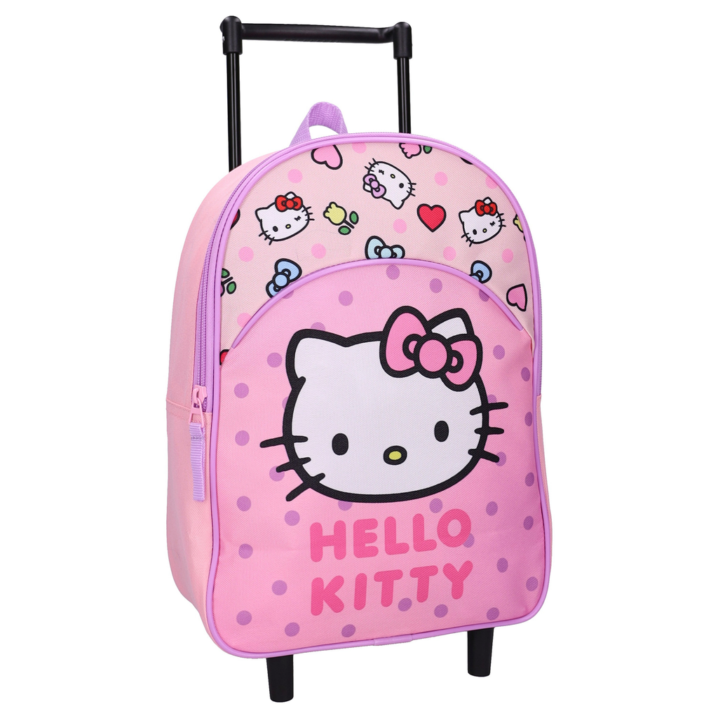 Schräge Vorderansicht des rosa Hello Kitty Kinder-Trolleys Sweet Charm mit ausgstrecktem schwarzen Griff, der das geräumige Hauptfach und die standsicheren Füße zeigt.
