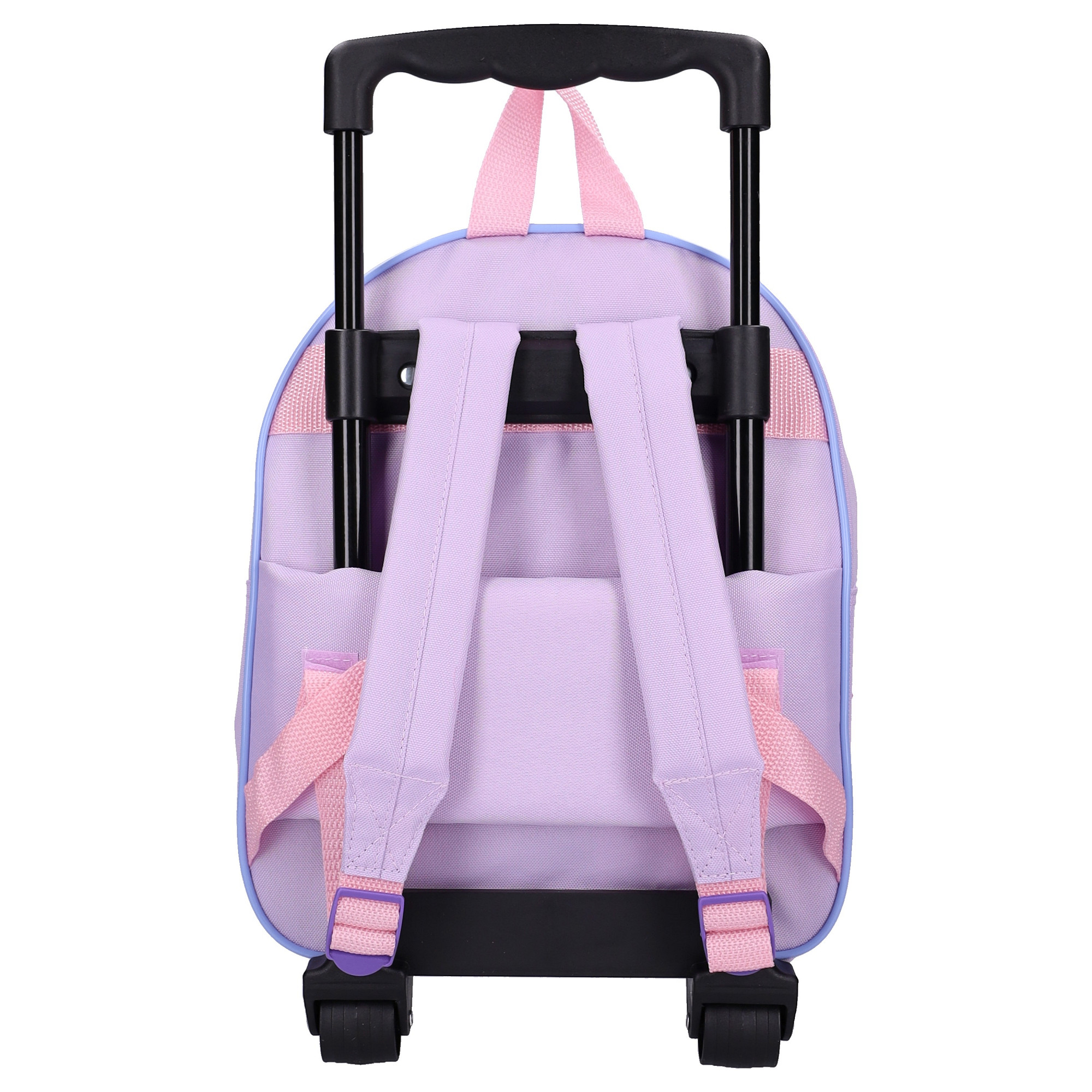 Rückseite des fliederfarbenen Kuromi Kinder-Rucksacks mit montiertem schwarzen Trolley-Gestell, ausziehbarem Teleskopgriff, zwei lilafarbenen Schultergurten und rosa Riemen.