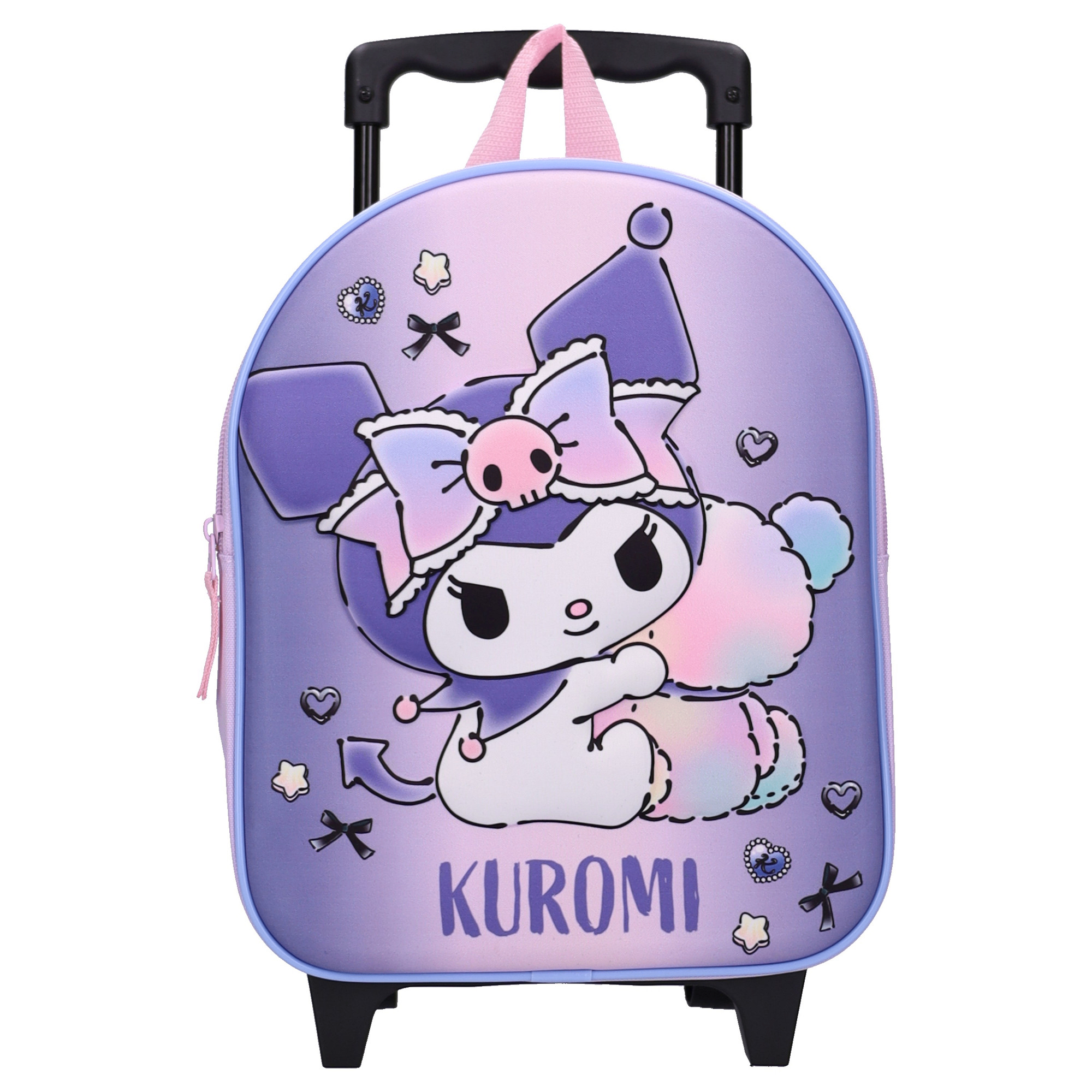 Vorderansicht des lilafarbenen Kuromi Kinder-Trolley-Rucksacks Bold Babes mit einem plastischen 3D-Motiv von Kuromi mit einer bunten Schleife und dem Schriftzug KUROMI.