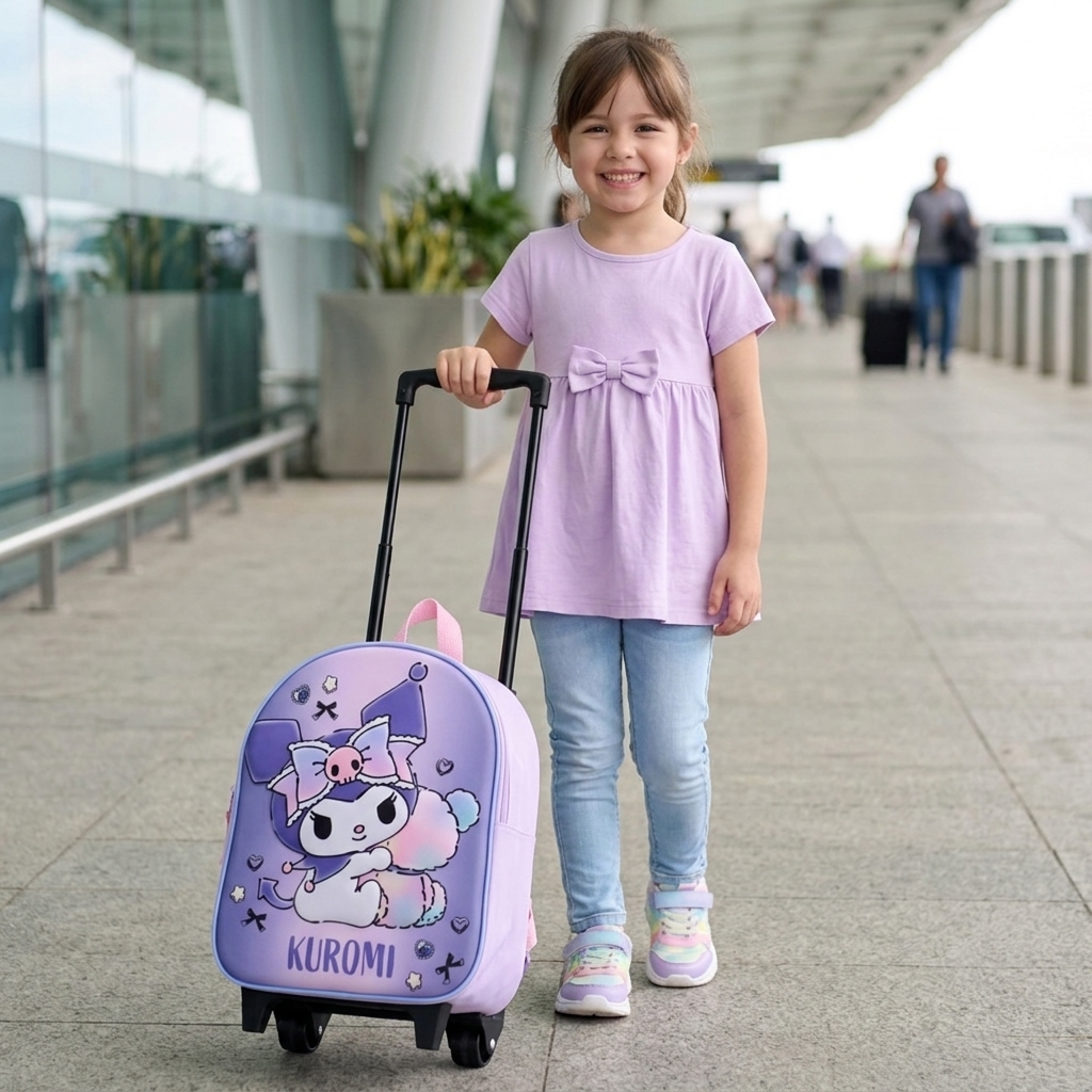 Sanrio Kuromi 3D Trolley Koffer Rucksack für Kinder Bold Babes in der Hand eines Mädchens
