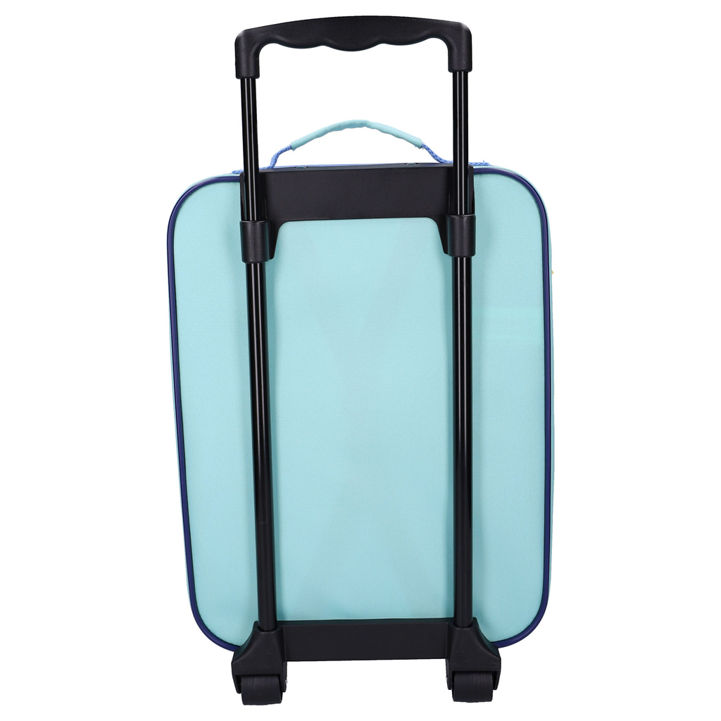 Rückseite des mintblauen Bluey Kinder-Koffers mit dem montierten schwarzen Trolley-Gestell, zwei Rädern am Boden und einem hellblauen Tragegriff oben.