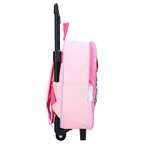 Seitenansicht des rosa Kinder-Trolleys Minnie Mouse, die das flache Profil mit einer Tiefe von 11 cm, den Reißverschluss und die Räder am Boden zeigt.