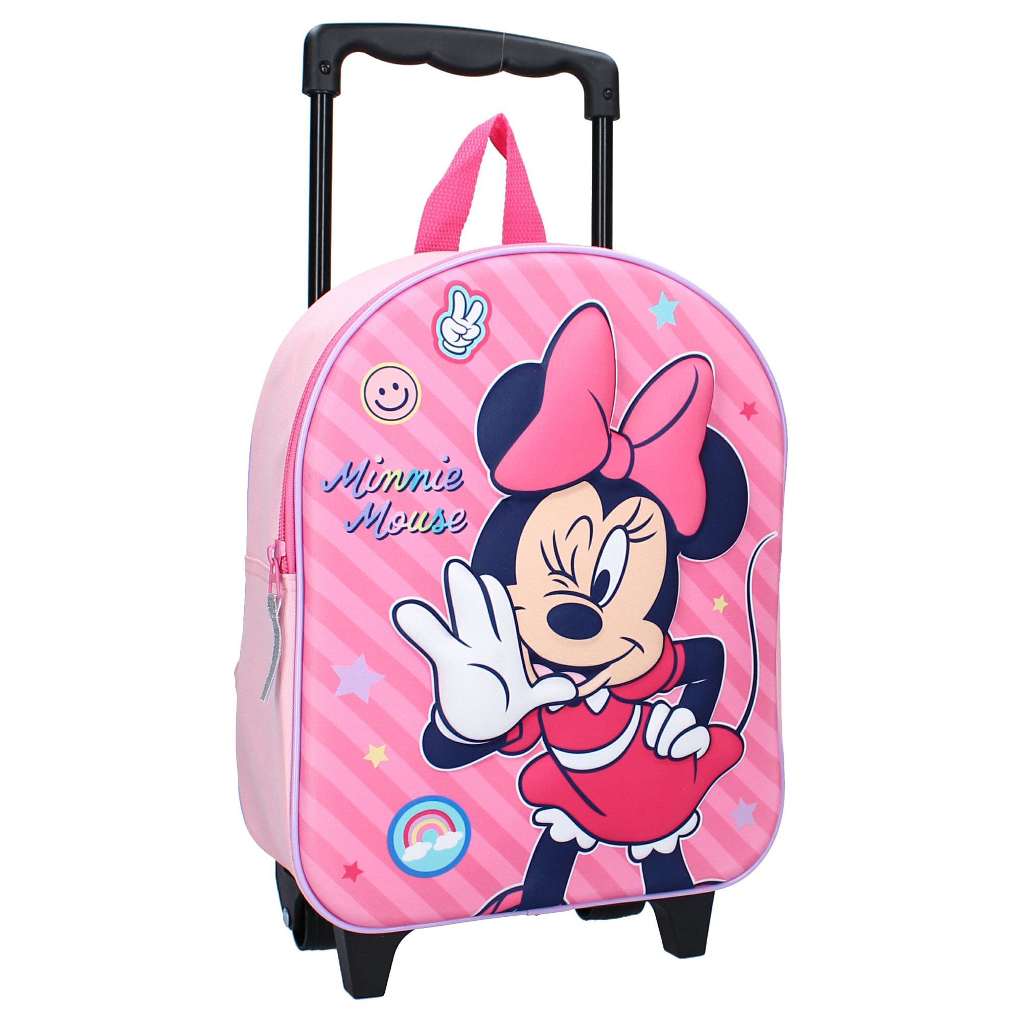Schräge Vorderansicht des rosa Minnie Mouse 3D Kinder-Trolleys mit voll ausgezogenem schwarzen Teleskopgriff und den beiden schwarzen Standfüßen.
