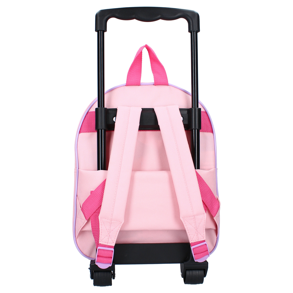 Rückseite des rosa Minnie Mouse Kinder-Rucksacks mit dem montierten schwarzen Trolley-Gestell, ausziehbarem Teleskopgriff und zwei gepolsterten rosa Schultergurten.
