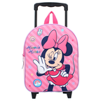 Vorderansicht des rosa Minnie Mouse Kinder-Trolley-Rucksacks Fashion Besties mit einer plastischen, formstabilen 3D-Front, die ein zwinkerndes Minnie Mouse Motiv zeigt.
