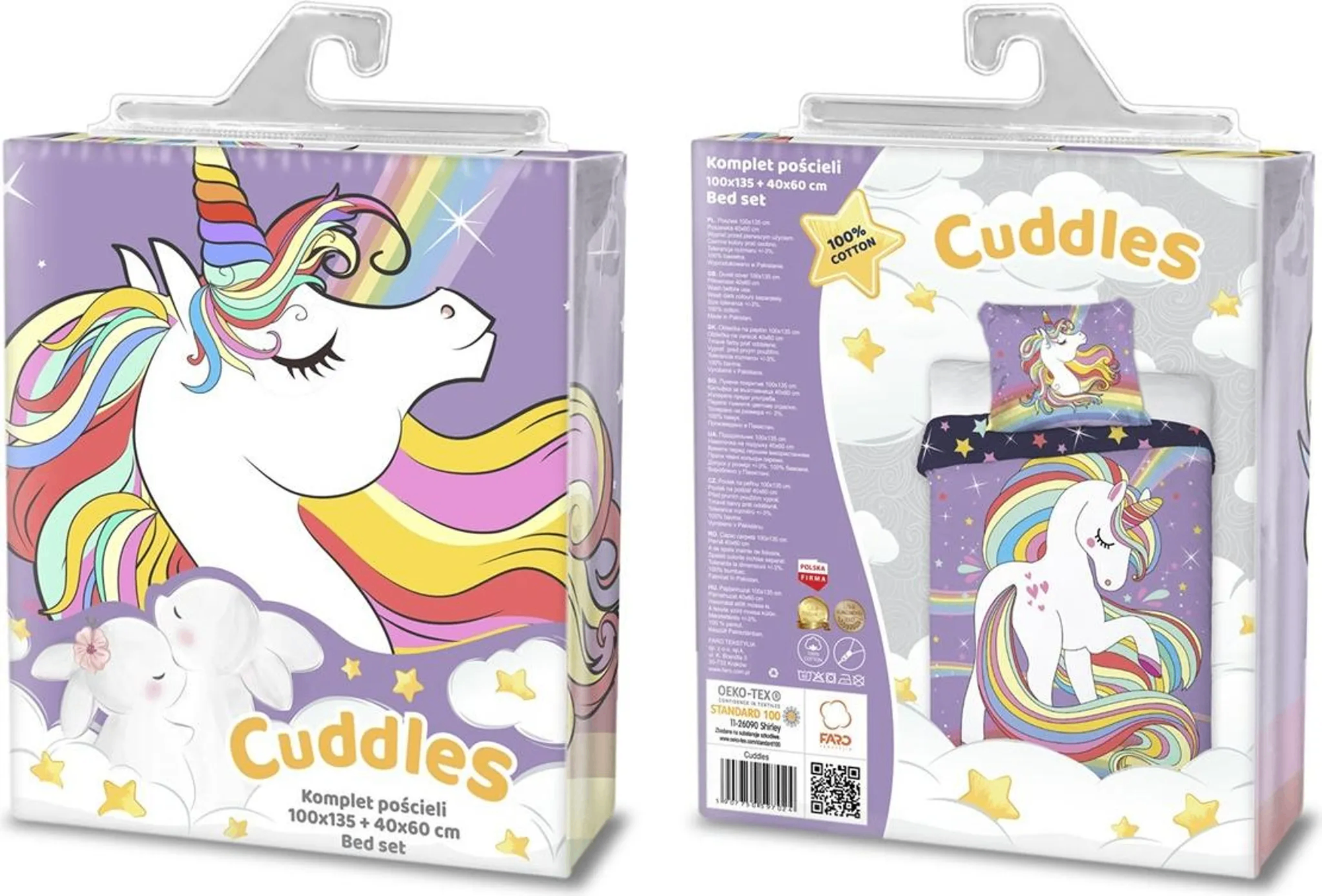 Verpackung eines Unicorn‑Bettwäsche‑Sets mit weißem Einhorn, Regenbogenmähne, lila Hintergrund und Produktinfos.