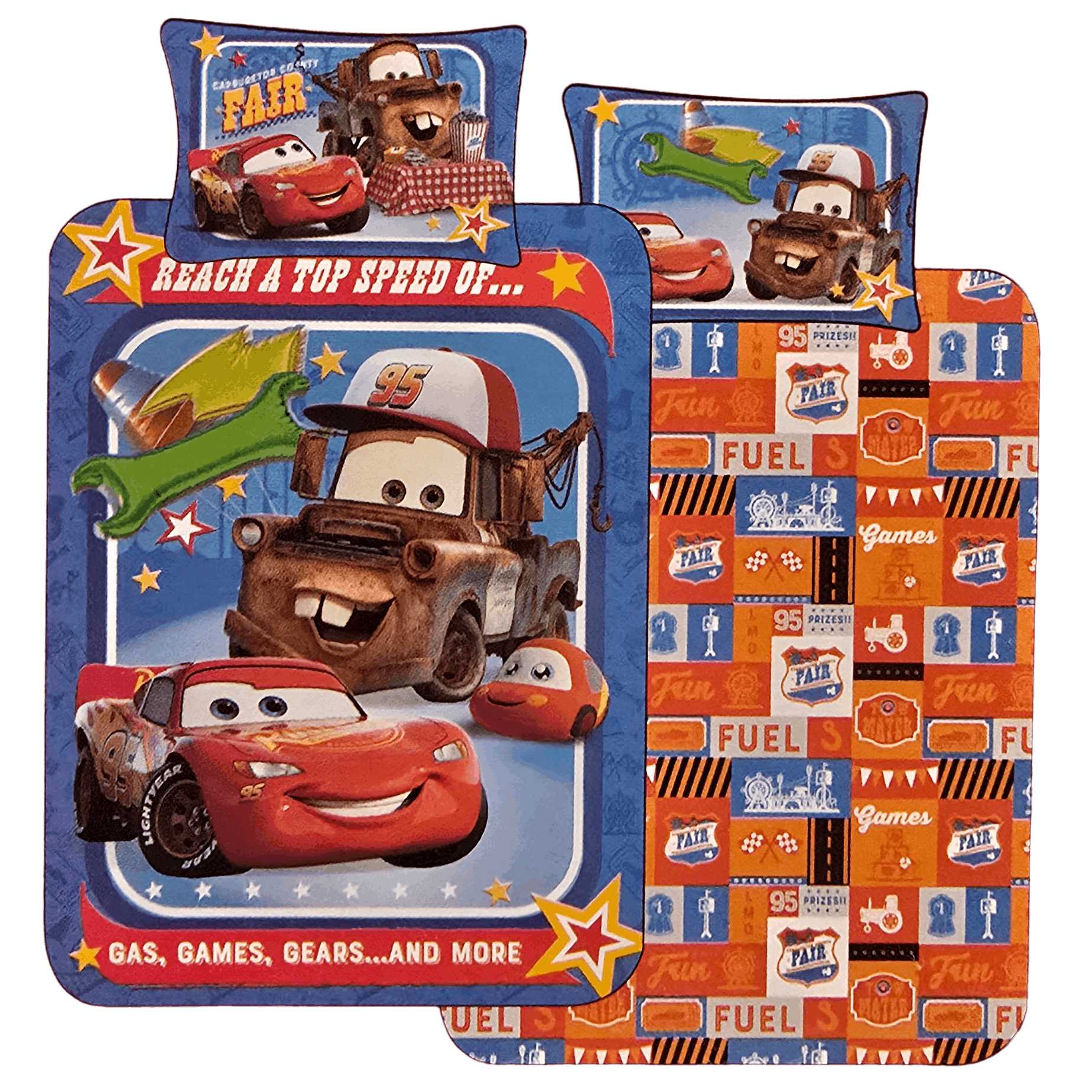 Vorder‑ und Rückseite eines Cars‑Bettwäsche‑Sets mit Lightning McQueen, Hook, Sternen und Rennsymbolen. Kissen mit Fair‑Motiv.