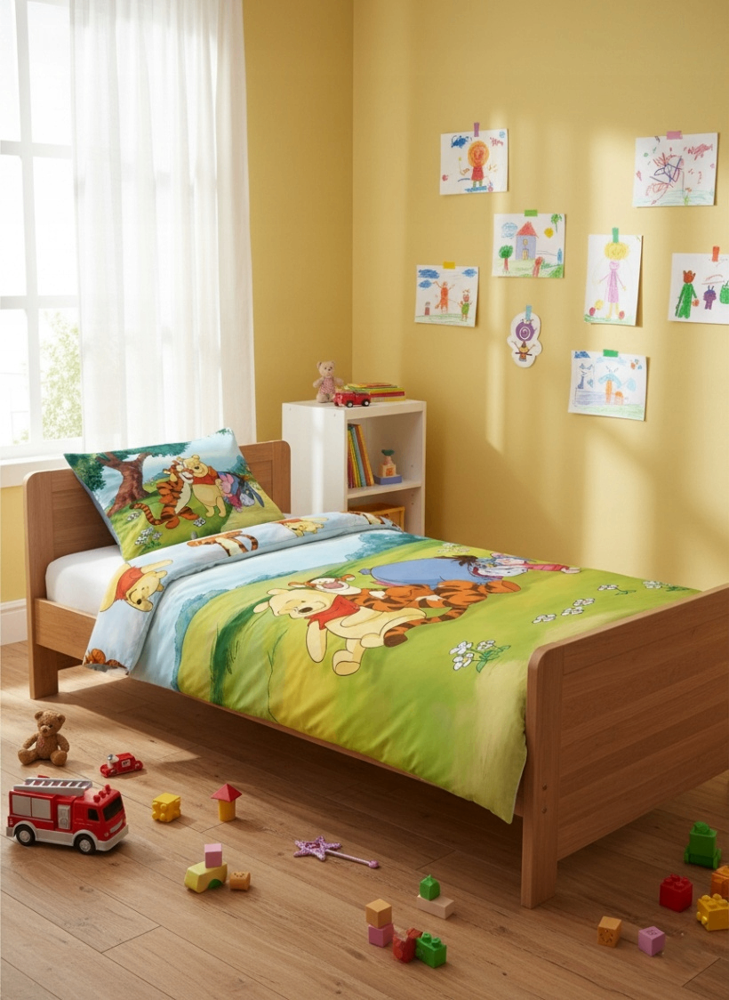 Kinderzimmer mit Pooh‑Bettwäsche, gelben Wänden, Spielzeug, Regal und Zeichnungen. Helle, freundliche Raumgestaltung mit Pooh‑Motiv.