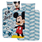 Vorderseite und Rückseite eines Mickey‑Bettwäsche‑Sets mit großem Mickey‑Motiv, blauem Muster, Sternen und „Oh Boy!!“-Schriftzug. Kissen mit Mickey‑Schriftzug.