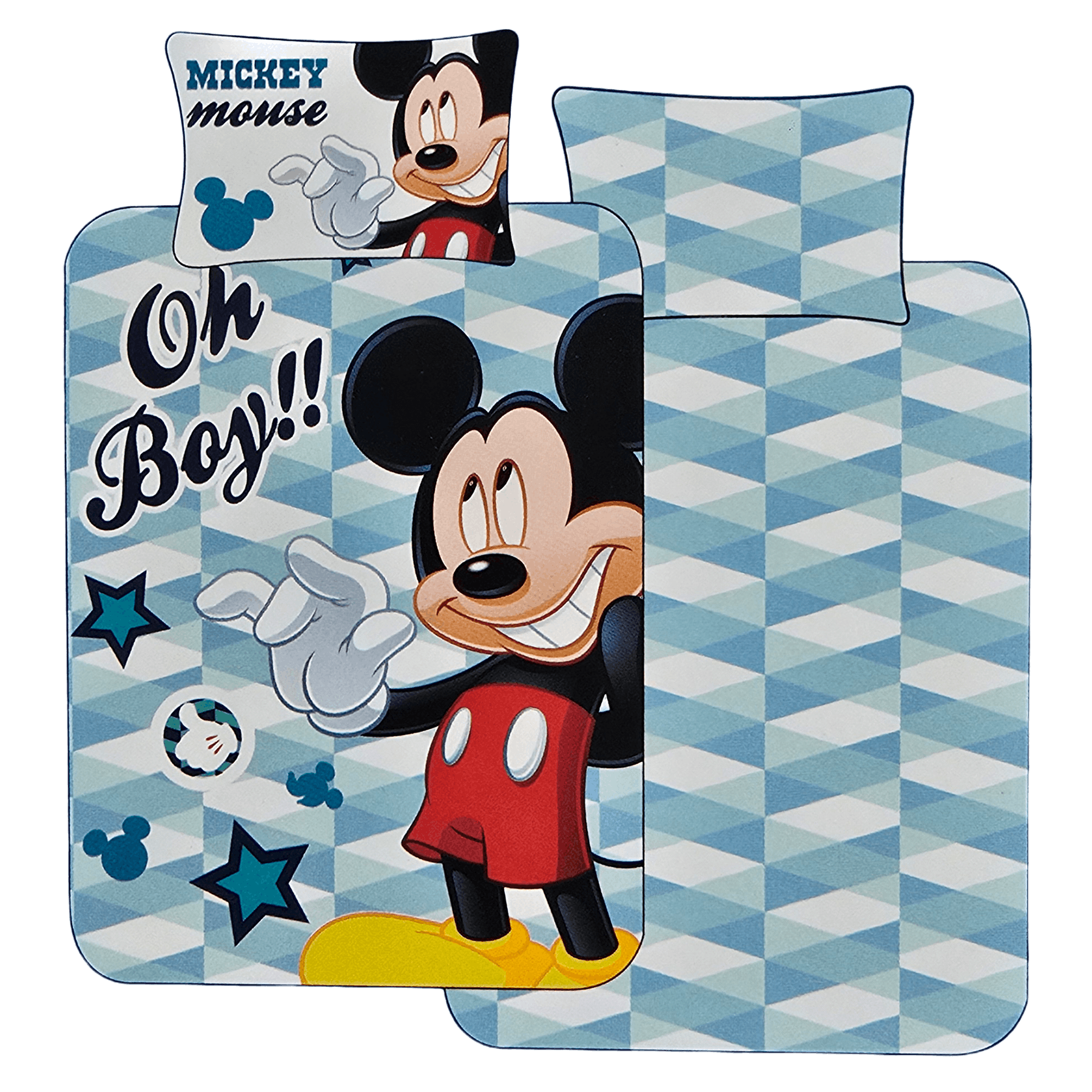 Vorderseite und Rückseite eines Mickey‑Bettwäsche‑Sets mit großem Mickey‑Motiv, blauem Muster, Sternen und „Oh Boy!!“-Schriftzug. Kissen mit Mickey‑Schriftzug.