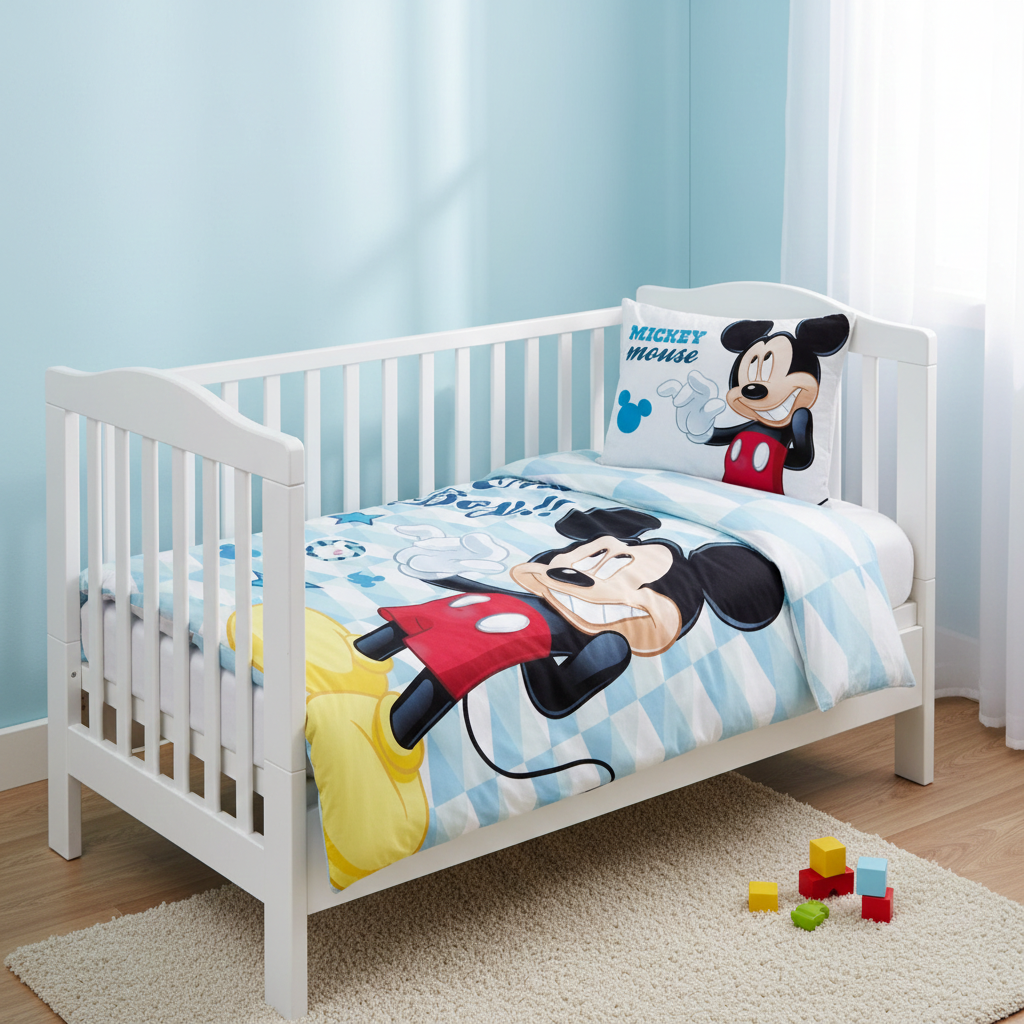 Babyzimmer mit weißem Gitterbett, Mickey‑Bettwäsche, hellblauen Wänden und bunten Spielblöcken auf Teppich. Helle, freundliche Raumgestaltung.
