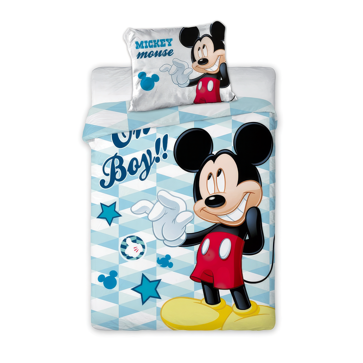 Frontansicht eines Mickey‑Bettwäsche‑Sets mit großem Mickey‑Motiv, blau‑weißem Muster, Sternen und „Oh Boy!!“-Schriftzug. Kissen mit Mickey‑Gesicht.