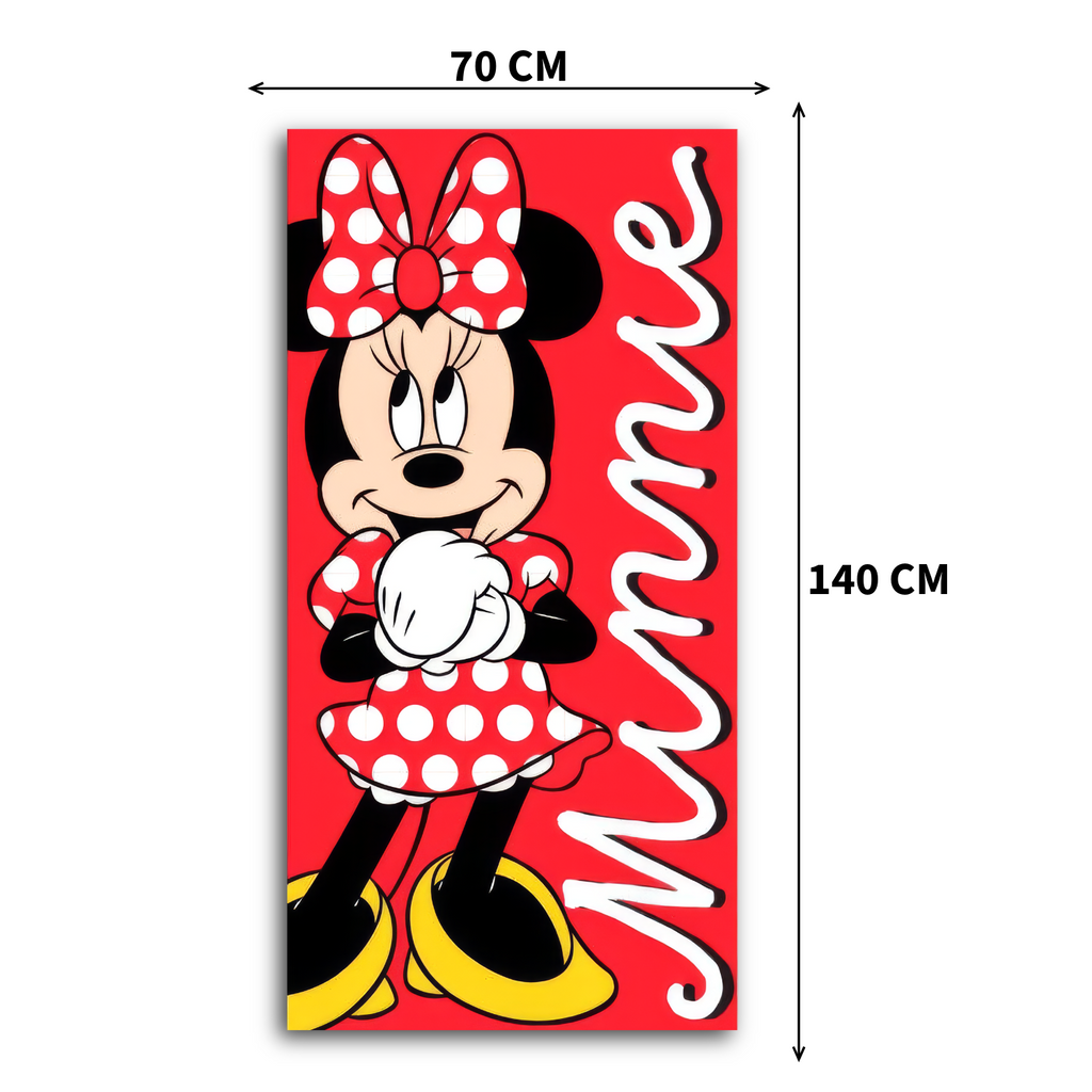 Frontansicht eines roten Minnie‑Handtuchs mit Maßen 70×140 cm. Minnie im roten Punktkleid, gelben Schuhen und weißem Schriftzug „Minnie“ rechts.