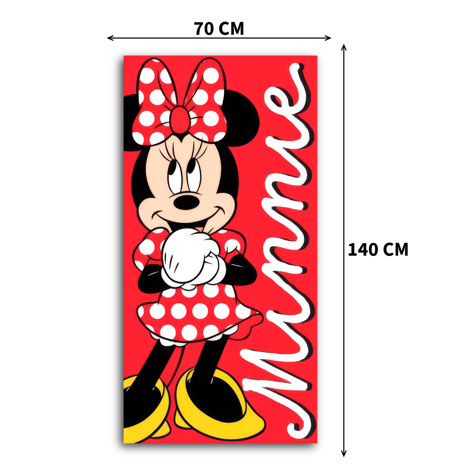Frontansicht eines roten Minnie‑Handtuchs mit Maßen 70×140 cm. Minnie im roten Punktkleid, gelben Schuhen und weißem Schriftzug „Minnie“ rechts.