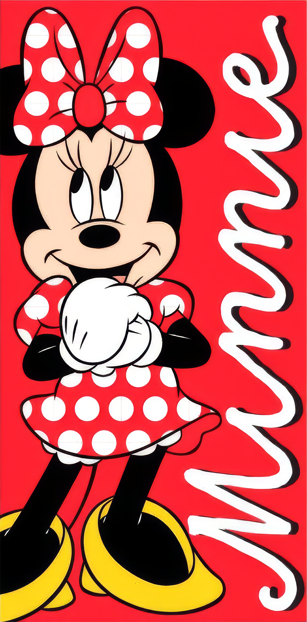 Frontansicht eines roten Minnie‑Motivs mit großem Minnie‑Bild, Punktkleid, gelben Schuhen und weißem Schriftzug „Minnie“ rechts.