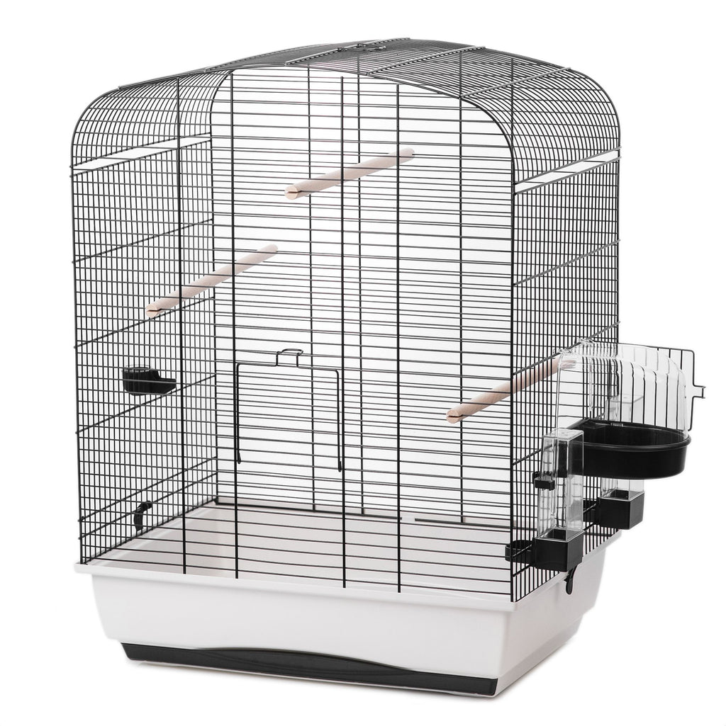 Detailansicht eines Vogelkäfigs mit schwarzen Gittern, weißer Basis, mehreren Holzstangen und seitlichem Futter‑/Wasserbereich.