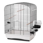 Detailansicht eines Vogelkäfigs mit schwarzen Gittern, weißer Basis, mehreren Holzstangen und seitlichem Futter‑/Wasserbereich.